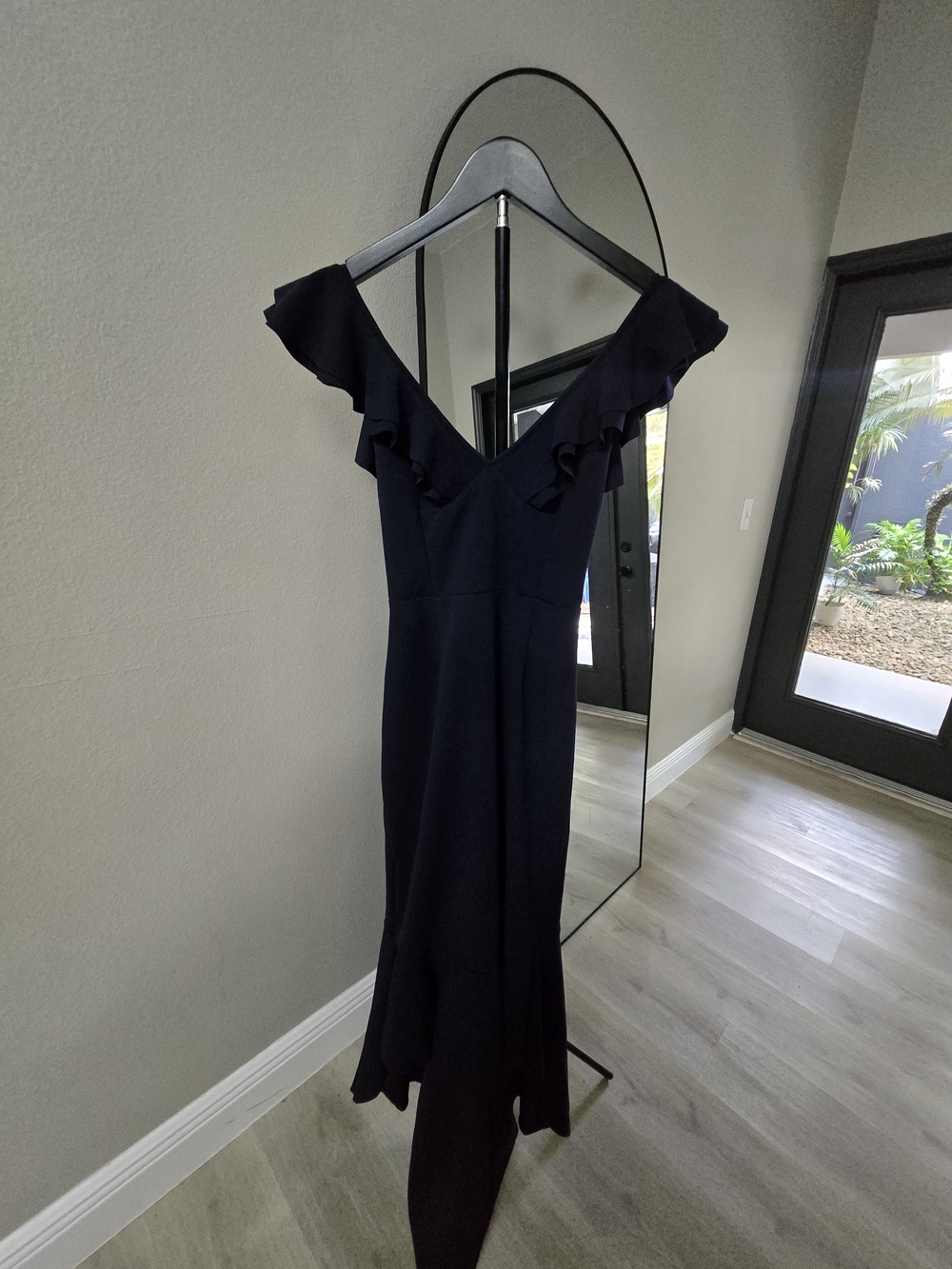 Off-Shoulder Dark Navy High/Low Ruffle Midi Dress